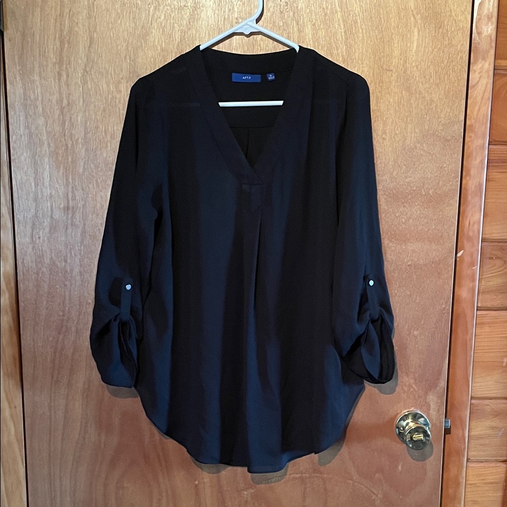 Apt. 9 Black V-Neck Blouse with Buttoned Sleeves